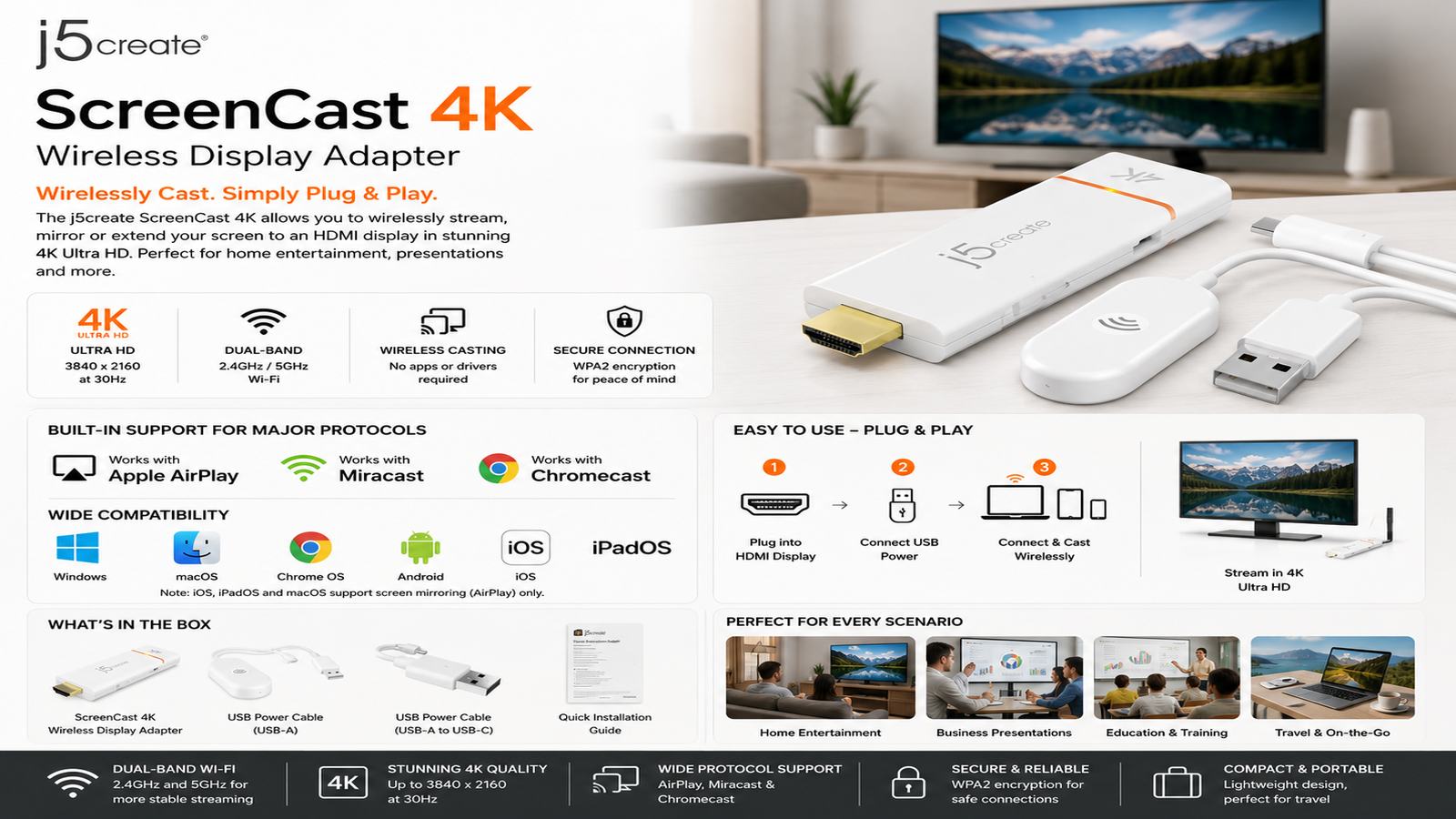 j5create ScreenCast JVAW76, 4K Wireless Display Adapter, 3840x2160 at 30Hz, AirPlay, Miracast, Chromecast, Dual-Band Wi-Fi, HDMI, White, 1-Year Warranty | JVAW76